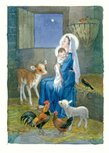 Postcard Molly Brett | Madonna And Child In Stable With Calf, Lamb, Hens And Robin Postcard Molly Brett | Madonna And Child In Stable With Calf, Lamb, Hens And Robin