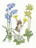 Postcard Molly Brett | Jumping Mouse Holding Primroses With Bluebells Postcard Molly Brett | Jumping Mouse Holding Primroses With Bluebells