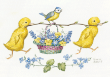 Postcard Molly Brett | Two Ducklings And Blue Tit With Basket Of Flowers Postcard Molly Brett | Two Ducklings And Blue Tit With Basket Of Flowers
