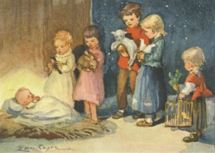 Postcard | Children with their animals adoring the Christ Child in the Manger Postcard | Children with their animals adoring the Christ Child in the Manger