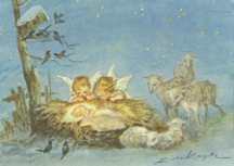 Postcard | Two angels looking at the Child in Manger Postcard | Two angels looking at the Child in Manger