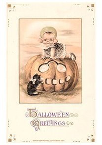 Victorian Halloween Postcard | A.N.B. - Zwarte kat bij een pompoen waar een kind op zit