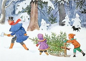 Elsa Beskow Postcard | Petter Och Lotta hämtar gran