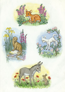 Postcard Molly Brett | Composite design with fawn, otter, lamb and donkey