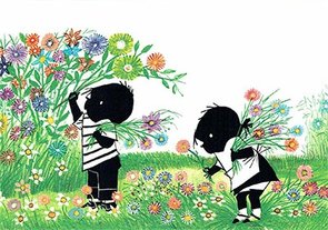 Fiep Westendorp Postcards | Jip en Janneke plukken bloemen