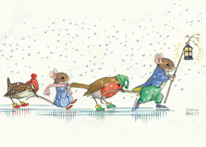 Postcard Molly Brett | Skating mice and birds