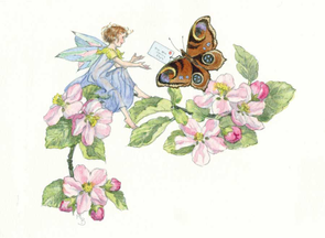 Postcard Molly Brett | Fairy receiving a letter from a peacock butterfly