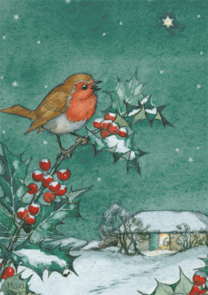 Postcard Molly Brett | A Robin Sitting On A Holly Tree Branch