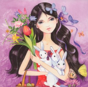 Postcard Kristiana Heinemann | Girl with rabbit and bouquet of flowers