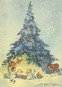 Postcard | Christ child, two angels and forest animals under a fir tree