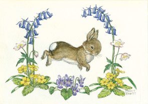 Postcard Molly Brett | Rabbit With Bluebells, Primroses And Violets