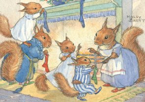 Postcard Molly Brett | A Family Of Red Squirrels Hang Up Their Christmas Stockings