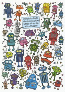 Search Postcard | Welche beiden Roboter haben drei Arme und wo befindet sich das Glas mit den Schrauben?