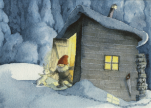 Hjelm Förlag Postcard | Tomte Tummetott goes with rabbit