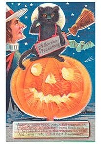 Victorian Halloween Postcard | A.N.B. - Zwarte kat op een pompoen