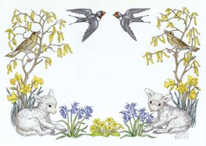Postcard Molly Brett | Thrushes, Lambs, Flowers And Two Swallows
