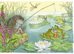 Postcard Molly Brett | A Dozy Hedgehog Falls Asleep While Fishing In A Pond