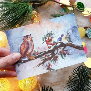 Postcard Owl & the birds - Romyillustrations