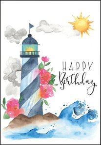 Annett Wötzel Wenskaart | Happy birthday (vuurtoren)