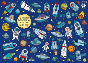 Search Postcard | Wo hat sich die Katze versteckt und welcher Planet hat drei Ringe?