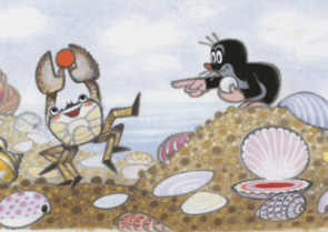 Postcard Krtek - Der kleine Maulwurf - The little mole on the beach with a crab
