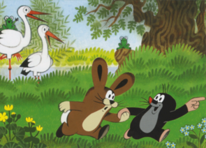 Postcard Krtek - Der kleine Maulwurf - The little mole runs with a rabbit