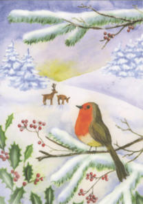 Postcard | Robin watches deer in the snow