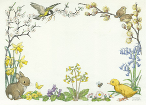 Postcard Molly Brett | Border Design With Rabbit, Duckling And Birds 