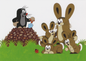 Postcard Krtek - Der kleine Maulwurf - Mole on mole hill with rabbit family