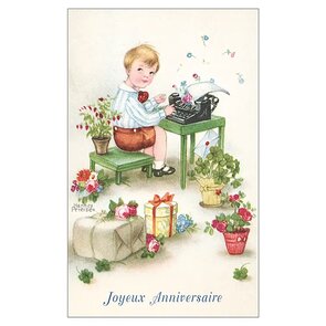 Postcard Ludom | Boy on a typewriter