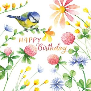 Nina Chen Postcard | Happy Birthday (Blue Tit and Blossoms)