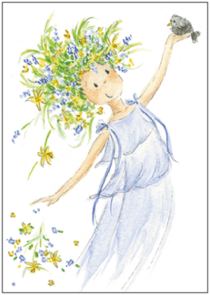 Postcard | Little Spring (Elf with spring flowers and bird)