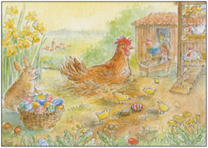 Postcard | Easter farm (chickens and bunnies with Easter eggs)