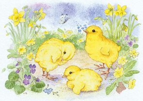 Postcard Jean Gilder | Three Chicks With A Butterfly