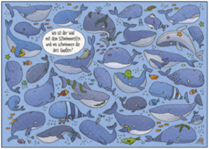 Search Postcard | Wo ist der Wal mit dem Schwimmreifen und wo schwimmen die drei Quallen?