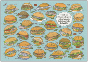 Search Postcard | Wo ist das Brötchen mit dem Ei und auf welchem Fischbrötchen fehlen die Zwiebeln?
