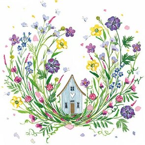 Kerstin Heß Quadratische Postkarte | Haus umgeben von Blumen