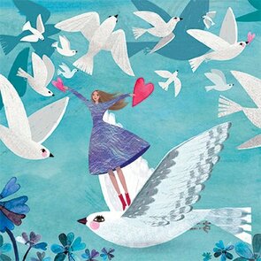 Mila Marquis quadratische Postkarte | Frau mit weißen Vögeln