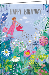 Mila Marquis Folded Card | Happy Birthday (Woman watering flower garden)
