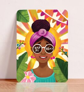 Postcard Happy Bday woman with sunglasses - Aniet Illustration