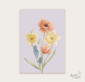 Postcard boeket klaprozen, narcissen & blauwe druif - Appeloogje
