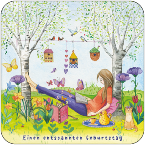 Postcard Kristiana Heinemann | Einen entspannten Geburtstag (woman reading under trees)