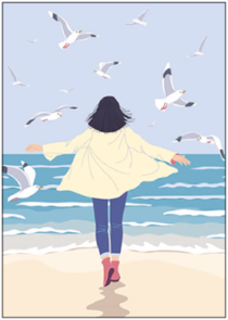 Postcard | Woman on the beach with seagulls