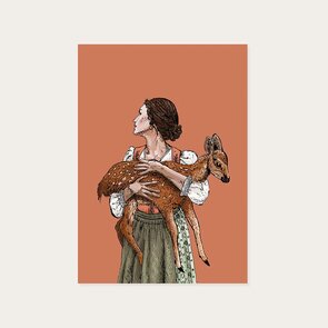 Postcard girl with deer, dirndl by Kaartstudio