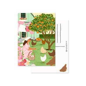 Postcard by Muchable - vrouw in tuin met kippen