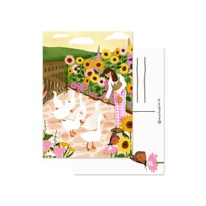 Postcard by Muchable - vrouw met ganzen en zonnebloemen