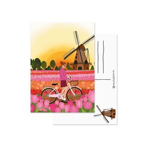 Postcard by Muchable - vrouw met fiets in tulpenvelden Amsterdam