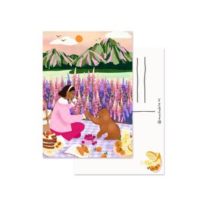Postcard by Muchable - vrouw met hond picknicken bergen en bloemen