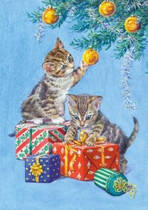 Postcard Audrey Tarrant | Two kittens playing with Christmas parcels