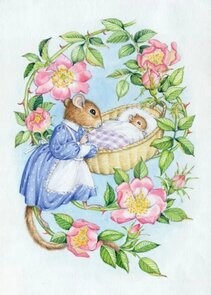 Postcard Audrey Tarrant | Dormouse rocking baby dormouse in cradle